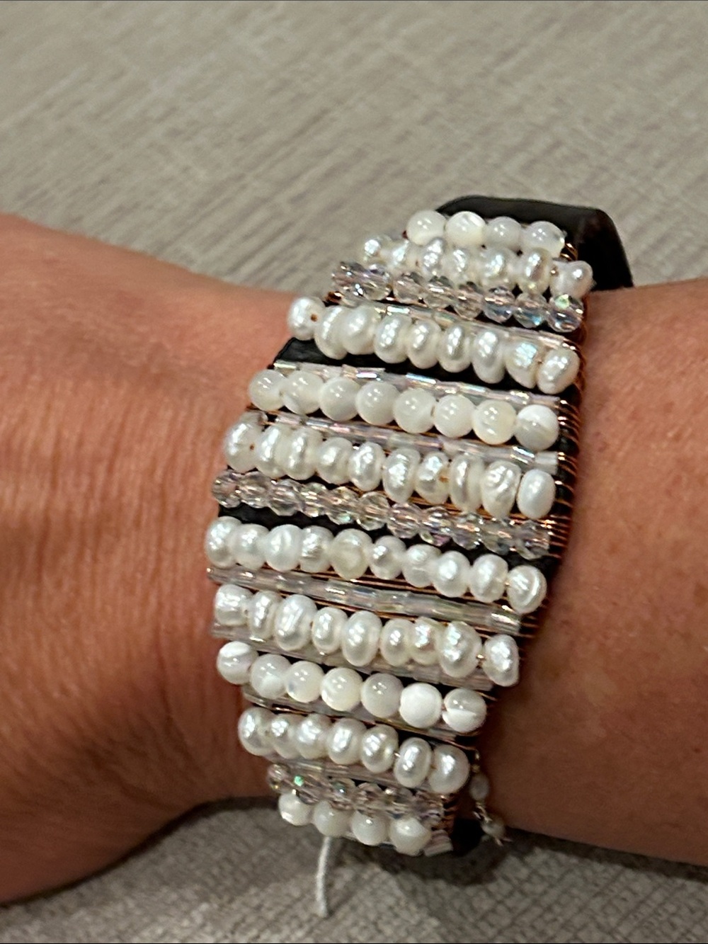Beaded freshwater Pearl Accent leather Cuff Bracelet w/ crystal earring set image 5